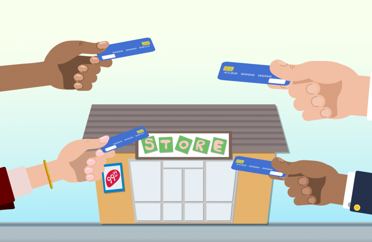 Cartoon of hands using credit cards